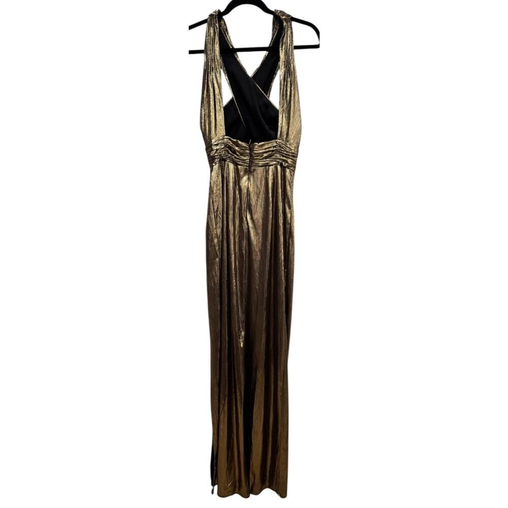 Mac Duggal Metallic Gold Halter Ruched High-Slit Mini Dress - Picture 4 of 7